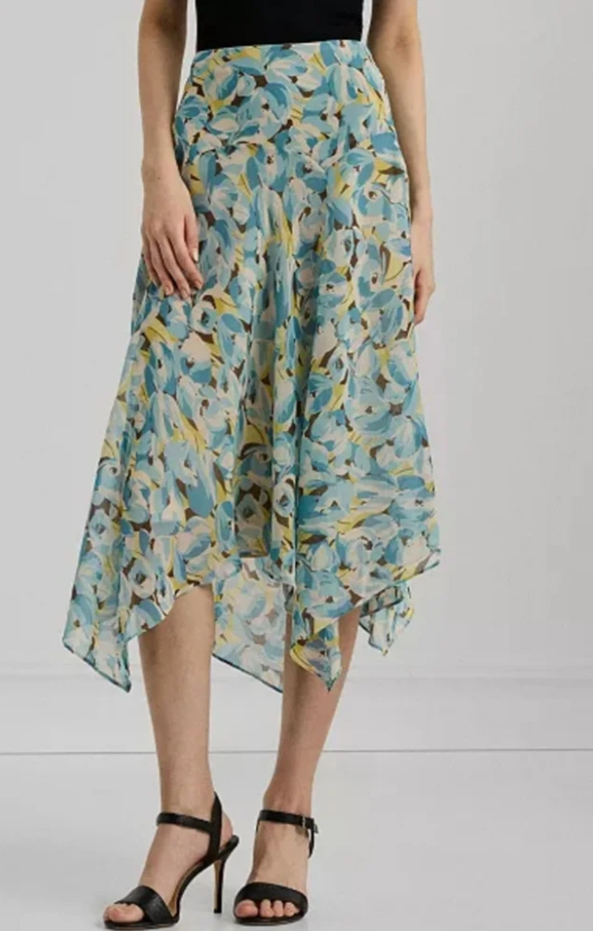 Lauren Ralph Lauren Women Floral Handkerchief Midi Skirt White Multi Size 14